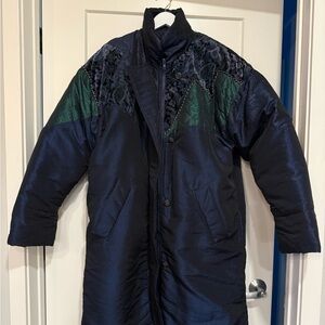 Women's Vintage Navy and Green Quilted Down Jacket Parka